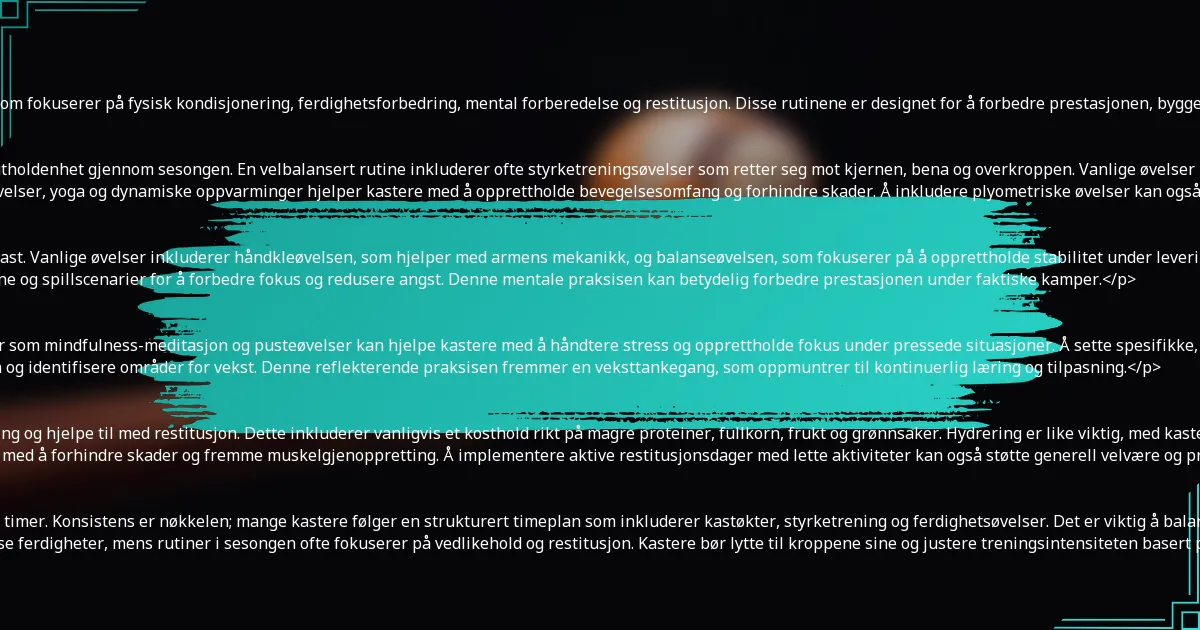 <p>Kastere med en sterk arbeidsmoral følger vanligvis strenge treningsregimer som fokuserer på fysisk kondisjonering, ferdighetsforbedring, mental forberedelse og restitusjon. Disse rutinene er designet for å forbedre prestasjonen, bygge motstandskraft og fremme en tankegang rettet mot kontinuerlig forbedring.</p>

<h3>Fysiske kondisjoneringsrutiner for kastere</h3>
<p>Fysisk kondisjonering er avgjørende for kastere for å opprettholde styrke og utholdenhet gjennom sesongen. En velbalansert rutine inkluderer ofte styrketreningsøvelser som retter seg mot kjernen, bena og overkroppen. Vanlige øvelser inkluderer knebøy, markløft og skulderpress.</p>
<p>I tillegg til styrketrening er fleksibilitet og mobilitetsarbeid essensielt. Tøyeøvelser, yoga og dynamiske oppvarminger hjelper kastere med å opprettholde bevegelsesomfang og forhindre skader. Å inkludere plyometriske øvelser kan også forbedre eksplosiv kraft, som er avgjørende for pitching.</p>

<h3>Kastingøvelser som forbedrer prestasjonen</h3>
<p>Kastingøvelser er grunnleggende for å forbedre nøyaktighet og utvikle ulike kast. Vanlige øvelser inkluderer håndkleøvelsen, som hjelper med armens mekanikk, og balanseøvelsen, som fokuserer på å opprettholde stabilitet under levering. Disse øvelsene kan praktiseres daglig for å bygge muskelminne.</p>
<p>Visualiseringsteknikker er også gunstige. Kastere visualiserer ofte kastene sine og spillscenarier for å forbedre fokus og redusere angst. Denne mentale praksisen kan betydelig forbedre prestasjonen under faktiske kamper.</p>

<h3>Mentale forberedelsesteknikker for konkurransefortrinn</h3>
<p>Mentalt mot er en nøkkelkomponent i en vellykket kasteres regime. Teknikker som mindfulness-meditasjon og pusteøvelser kan hjelpe kastere med å håndtere stress og opprettholde fokus under pressede situasjoner. Å sette spesifikke, målbare mål kan også forbedre motivasjonen og gi en klar vei for forbedring.</p>
<p>Å regelmessig gjennomgå kampopptak lar kastere analysere prestasjonen sin og identifisere områder for vekst. Denne reflekterende praksisen fremmer en veksttankegang, som oppmuntrer til kontinuerlig læring og tilpasning.</p>

<h3>Kostholds- og restitusjonspraksis</h3>
<p>En velbalansert kostholdsplan er avgjørende for kastere for å gi kroppen næring og hjelpe til med restitusjon. Dette inkluderer vanligvis et kosthold rikt på magre proteiner, fullkorn, frukt og grønnsaker. Hydrering er like viktig, med kastere som trenger å drikke rikelig med vann før, under og etter treningsøkter.</p>
<p>Restitusjonsstrategier som isbad, foam rolling og tilstrekkelig søvn hjelper til med å forhindre skader og fremme muskelgjenoppretting. Å implementere aktive restitusjonsdager med lette aktiviteter kan også støtte generell velvære og prestasjonsvarighet.</p>

<h3>Frekvens og varighet av treningsøkter</h3>
<p>Kastere trener vanligvis flere ganger i uken, med økter som varer fra en til tre timer. Konsistens er nøkkelen; mange kastere følger en strukturert timeplan som inkluderer kastøkter, styrketrening og ferdighetsøvelser. Det er viktig å balansere intensitet med restitusjon for å unngå utbrenthet.</p>
<p>I løpet av off-season kan treningsfrekvensen øke for å bygge styrke og finpusse ferdigheter, mens rutiner i sesongen ofte fokuserer på vedlikehold og restitusjon. Kastere bør lytte til kroppene sine og justere treningsintensiteten basert på tretthetsnivåer og prestasjonsbehov.</p>

<h2>Hvordan manifesterer dedikasjon seg i en kasteres karriere?